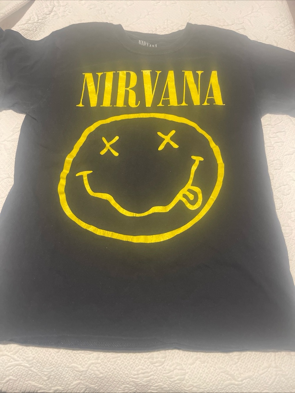 NIRVANVintage Black Tee with Bright Yellow Smiley Logo Womans S 17P2P 24 L